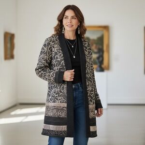 Chico's Black Gold & Gray Patterned Knee Length Cardigan Size 1